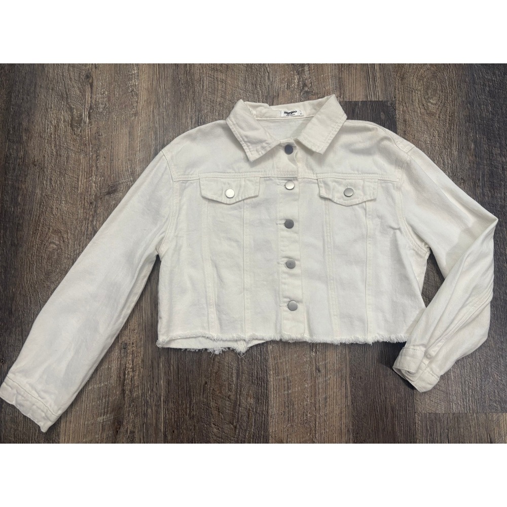 Zeagoo Womens White Denim Cropped Trucker Jacket Raw Hem Size M Cotton